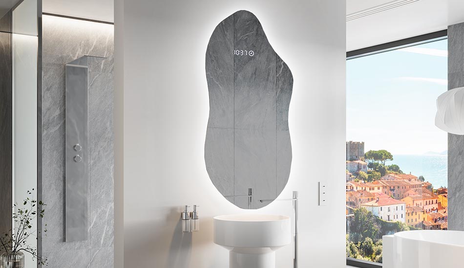 Nepravidelné zrkadlo s jemným ambientným osvetlením pre elegantný interiér | ARTFORMA