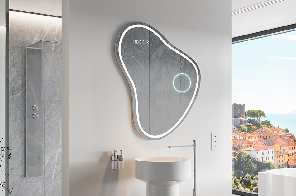 Nepravidelné zrkadlo s jemným ambientným osvetlením pre elegantný interiér | ARTFORMA