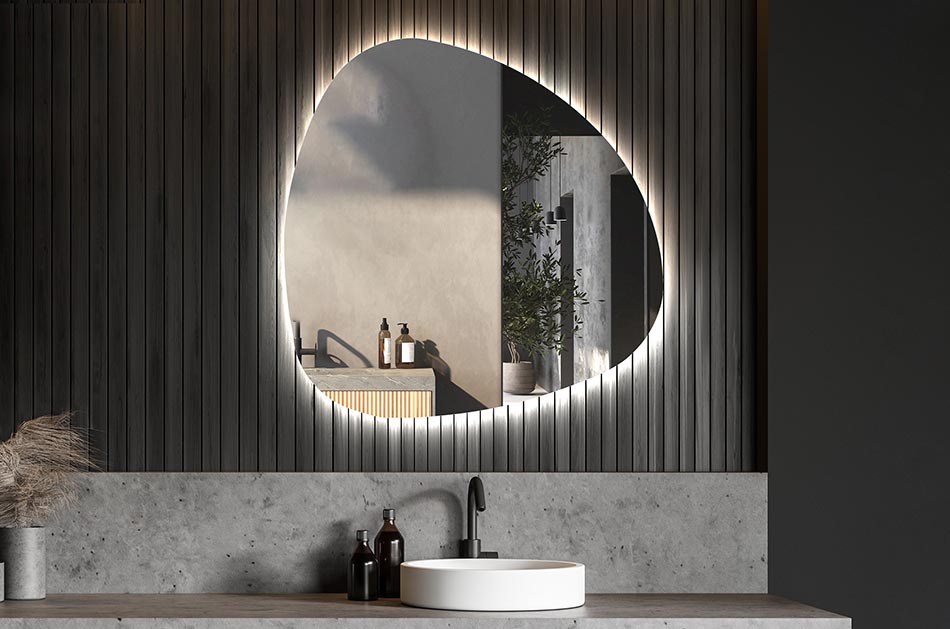 Nepravidelné zrkadlo s jemným ambientným osvetlením pre elegantný interiér | ARTFORMA