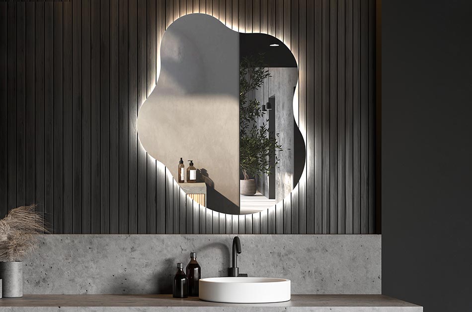 Nepravidelné zrkadlo s jemným ambientným osvetlením pre elegantný interiér | ARTFORMA