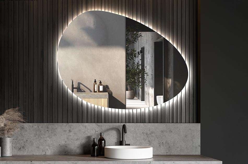 Nepravidelné zrkadlo s jemným ambientným osvetlením pre elegantný interiér | ARTFORMA