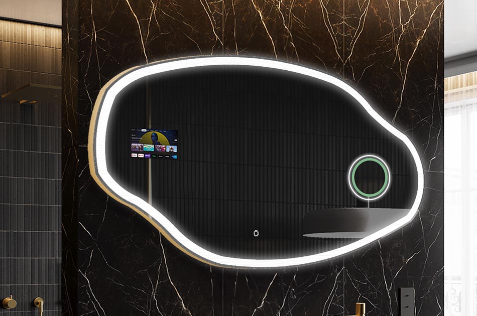 Nepravidelné LED zrkadlo s displejom počasia a dotykovým panelom | ARTFORMA