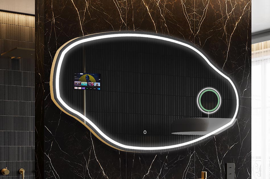 Nepravidelné LED zrkadlo s displejom počasia a dotykovým panelom | ARTFORMA