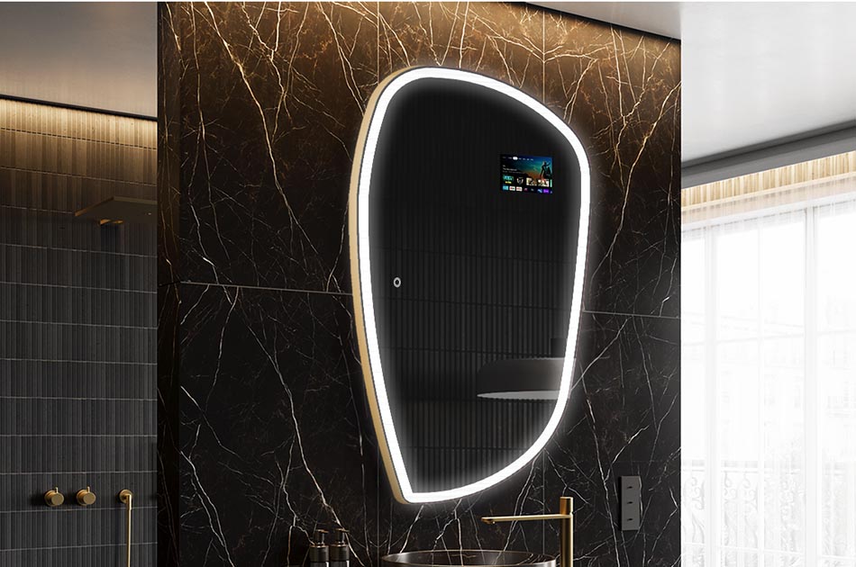 Nepravidelné LED zrkadlo s displejom počasia a dotykovým panelom | ARTFORMA