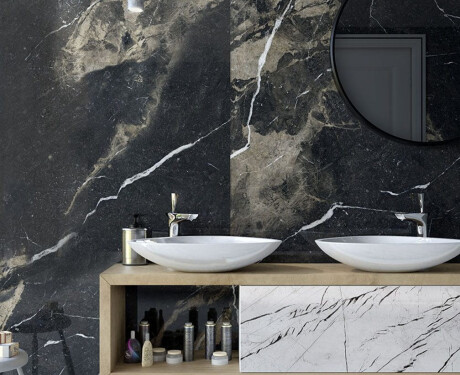 Veľkoformátová gresová dlaždica 120 × 270 cm, čierna matná so zlatými žilkami, rektifikovaná, A4H196 Pierre Black
