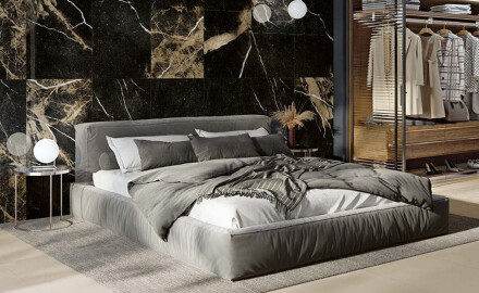 Glazovaná dlažba Pierre Black 120 × 120 cm, čierna s lesklým povrchom a zlatými žilkami, rektifikovaná, A4H197