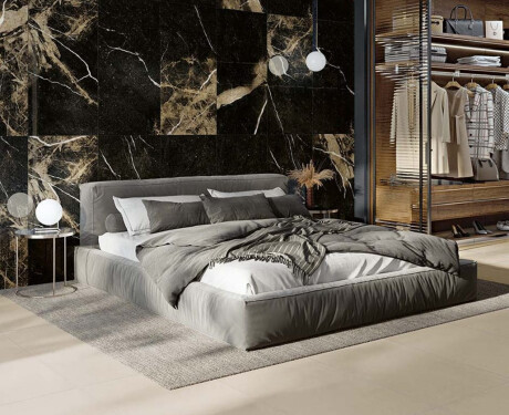 Glazovaná dlažba Pierre Black 120 × 120 cm, čierna s lesklým povrchom a zlatými žilkami, rektifikovaná, A4H197