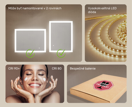 Obdĺžnikové zrkadlo do kúpeľne s LED osvetlením 80x60 cm s Dual color, Spínač dotykový #5