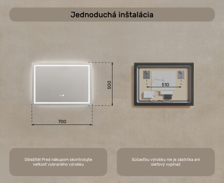 Nástenne zrkadlo do kupelne 70x50cm s osvetlenim LED s Dual color, Spínač dotykový, Vyhrievacia rohož - L49 #8