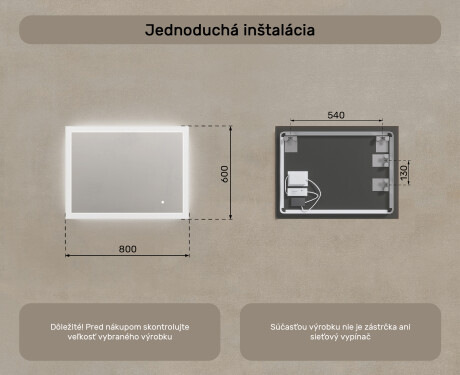 Obdĺžnikové zrkadlo do kúpeľne s LED osvetlením 80x60 cm s Dual color, Spínač dotykový #7
