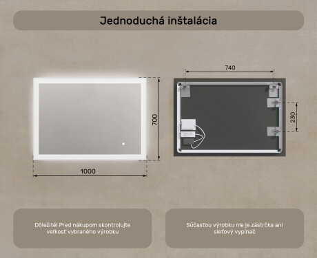Obdĺžnikové LED osvetlené zrkadlo do kúpeľne 100x70 cm s Dual color, Spínač dotykový #7