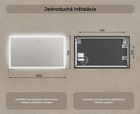 Obdĺžnikové zrkadlo do kúpeľne s LED osvetlením 120x70 cm s Dual color, Spínač dotykový #7