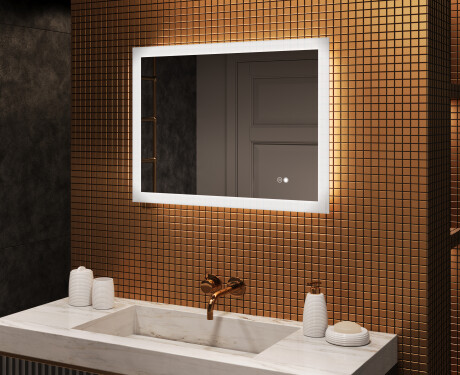 Obdĺžnikové LED zrkadlo do kúpeľne 80x60 cm s Dual color, Spínač dotykový, Vyhrievacia rohož