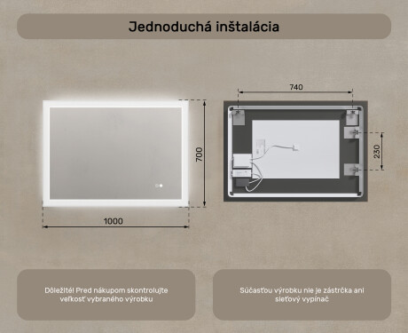 Obdĺžnikové zrkadlo do kúpeľne s LED osvetlením 100x70 cm s Dual color, Spínač dotykový, Vyhrievacia rohož #8