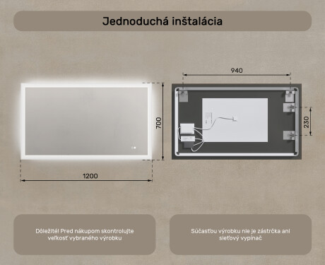 Obdĺžnikové LED osvetlené zrkadlo do kúpeľne 120x70 cm s Dual color, Spínač dotykový, Vyhrievacia rohož #8
