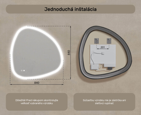 Nieregulárne zrkadlo s osvetlením, 84×84 cm, dvojfarebné, dotykový spínač, vykurovacia podložka #8