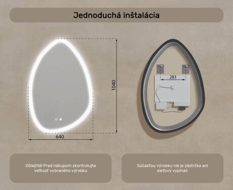 Neregulárne zrkadlo s osvetlením, 64×94 cm, dvojfarebné, dotykový spínač, vykurovacia podložka #8
