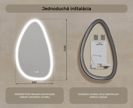 Neregulárne zrkadlo s osvetlením, 64×104 cm, dvojfarebné, dotykový spínač, vykurovacia podložka #8