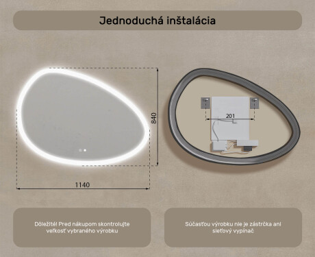 Neregulárne zrkadlo s osvetlením, 114×84 cm, dvojfarebné, dotykový spínač, vykurovacia podložka #8