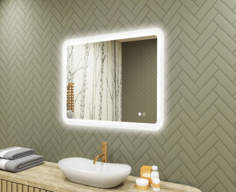Zaoblené kúpeľňové zrkadlo s LED osvetlením, 80×60 cm, dvojfarebné, dotykový spínač, vykurovacia podložka