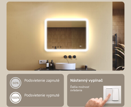 Zaoblené kúpeľňové zrkadlo s LED osvetlením, 80×60 cm, dvojfarebné, dotykový spínač, vykurovacia podložka #4