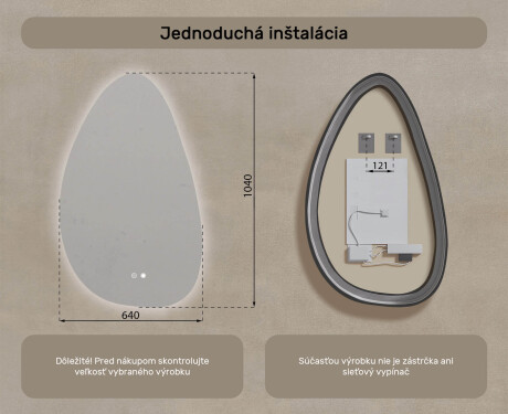 Neregulárne zrkadlo s osvetlením, 64×104 cm, dvojfarebné, dotykový spínač, vykurovacia podložka #8