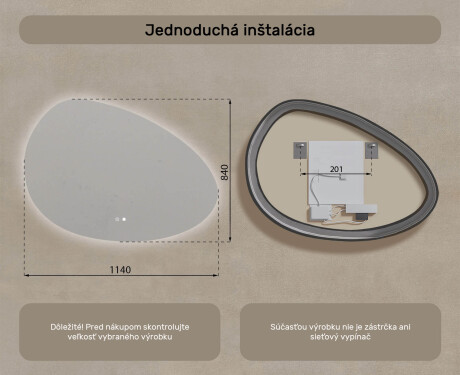 Neregulárne zrkadlo s osvetlením, 114×84 cm, dvojfarebné, dotykový spínač, vykurovacia podložka #8