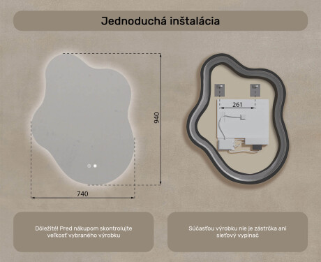 Neregulárne zrkadlo s osvetlením, 74×94 cm, dvojfarebné, dotykový spínač, vykurovacia podložka #8