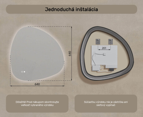 Neregulárne zrkadlo s osvetlením, 64×64 cm, dvojfarebné, dotykový spínač, vykurovacia podložka #8