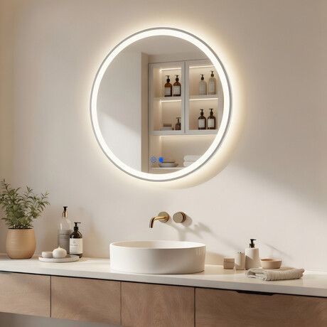 Okrúhle LED podsvietené zrkadlo - 60/80 cm v striebornom hliníkovom ráme #1