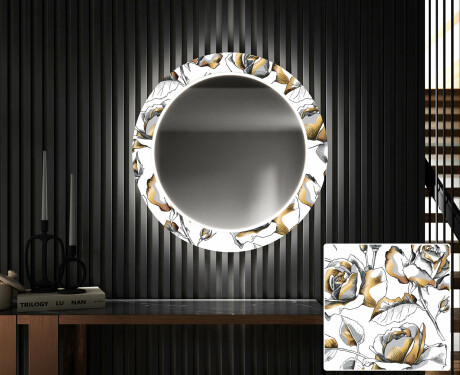 Dekoratívne okrúhle zrkadlo do chodbys osvetlenim - Golden Flowers