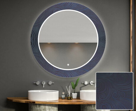 Okrúhle ozdobné zrkadlo do kupelne so svetlom - Blue Drawing #1
