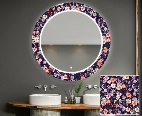 Okrúhle ozdobné zrkadlo do kupelne so svetlom - Elegant Flowers
