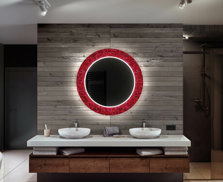 Okrúhle ozdobné zrkadlo do kupelne so svetlom - Red Mosaic #12