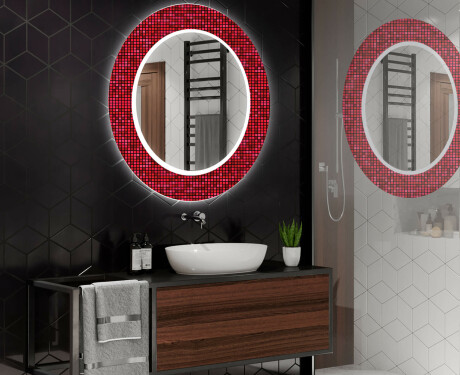 Okrúhle dekoratívne zrkadlo s LED podsvietením do kúpeľne - Red Mosaic #2