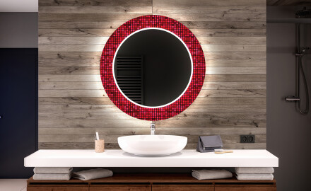 Okrúhle ozdobné zrkadlo do kupelne so svetlom - Red Mosaic