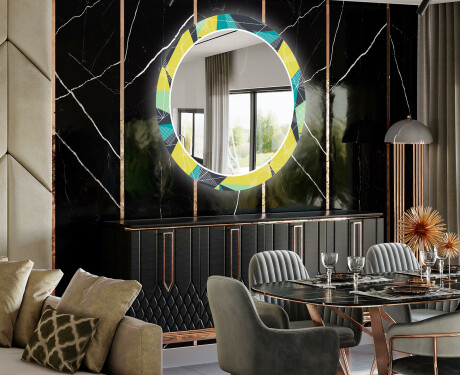 Okrúhle dekoratívne zrkadlo s LED podsvietením do jedálne - Abstract Geometric #2