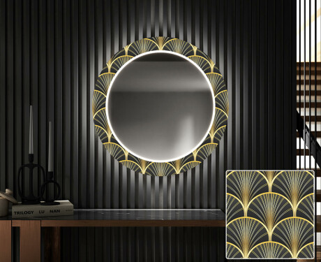 Okrúhle ozdobne podsvietene nástenne zrkadlo do chodby - Art Deco