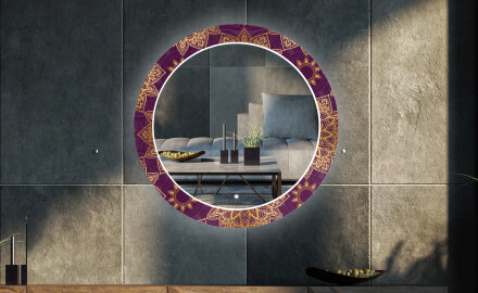 Okrúhle dekoratívne zrkadlo s LED podsvietením do obývacej izby - Gold Mandala