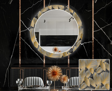Okrúhle Moderne ozdobné zrkadlo LED do jedáleň - Golden Leaves