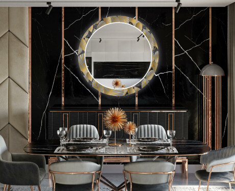 Okrúhle Moderne ozdobné zrkadlo LED do jedáleň - Golden Leaves #12