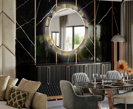 Okrúhle dekoratívne zrkadlo s LED podsvietením do jedálne - Golden Leaves #2