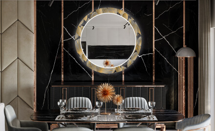 Okrúhle dekoratívne zrkadlo s LED podsvietením do jedálne - Golden Leaves